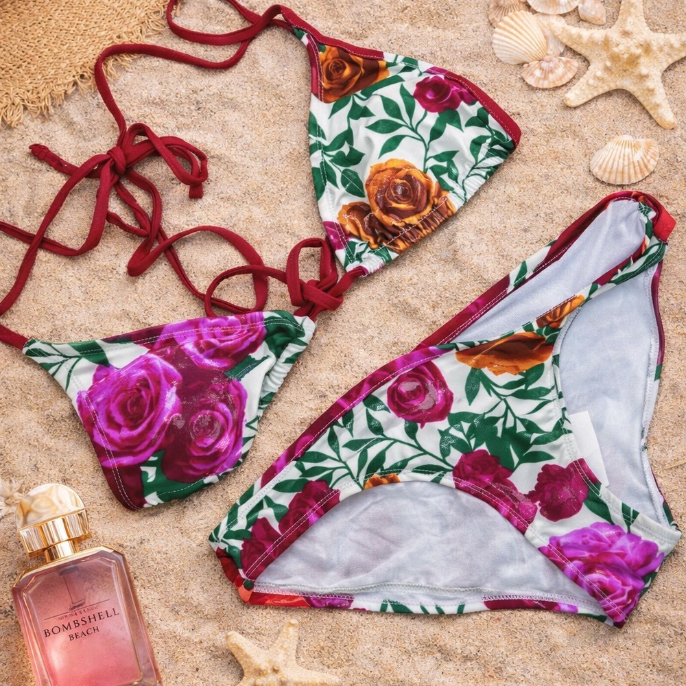 Wet Seal. Floral Bikini Set with Red Straps. NWT. Med/ bottom Small/top